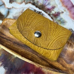 Leather card wallet / business card holder -embossed floral yellow leather